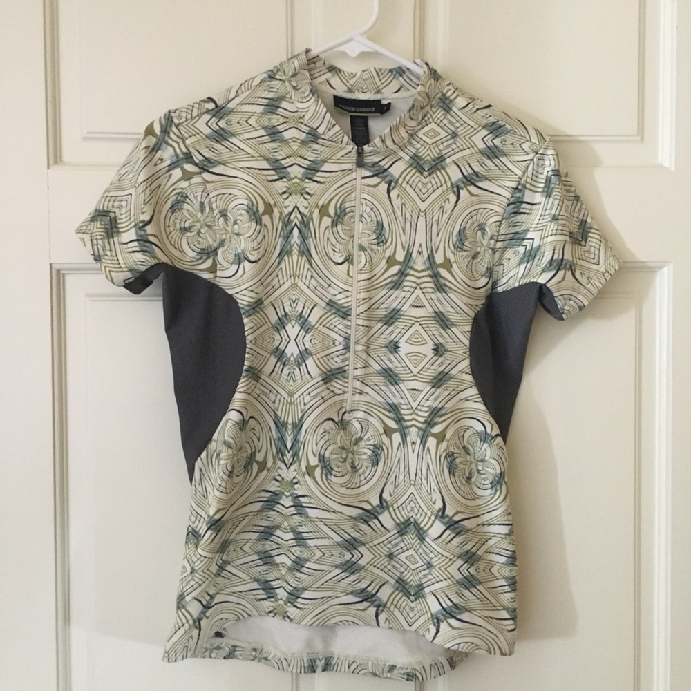 NOVAVRA Printed Cycling Jersey Cream and Teal Top Short Sleeve and Back Pockets